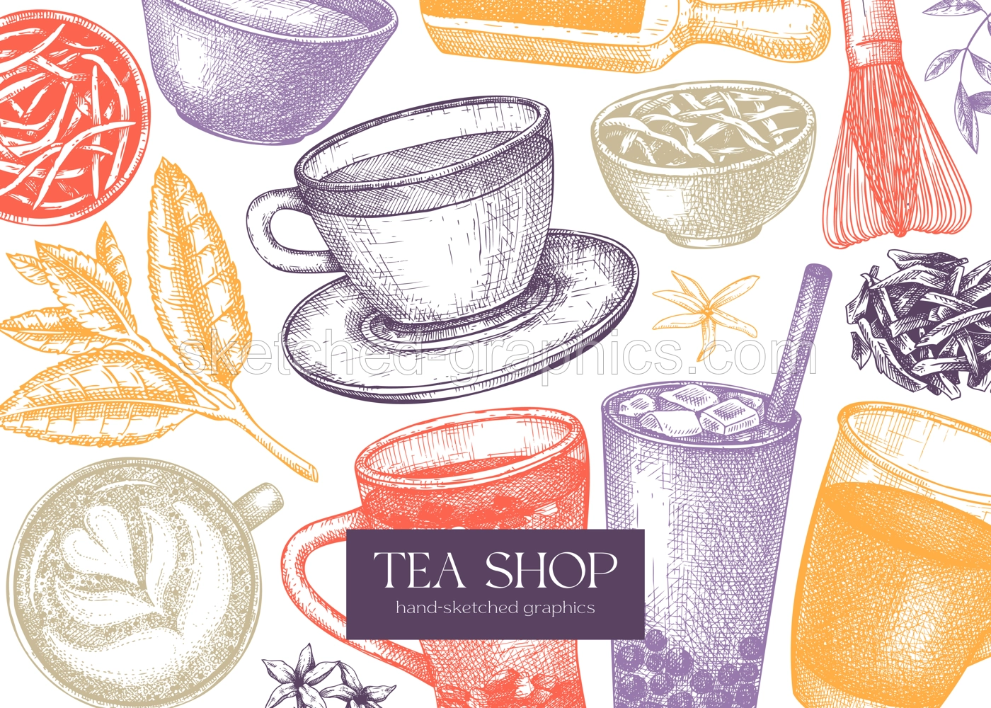 Tea shop or cafe design with hand-sketched tea drinks illustrations. Vector sketches of teacups, glasses, dried leaves, jasmine blossoms. Popular beverages background for menu or banner template Illustration